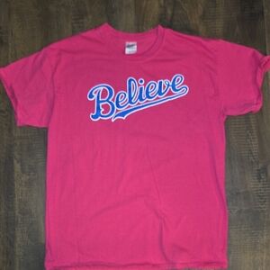 Pink Womens Shirt with 'Believe' Graphic